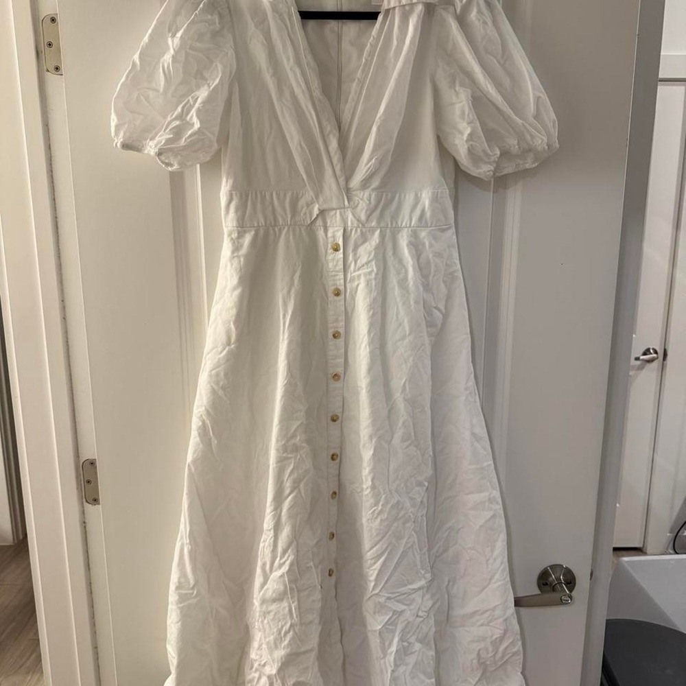 Hutch Button Up Puffy Sleeve Midi Dress 10 White Fair